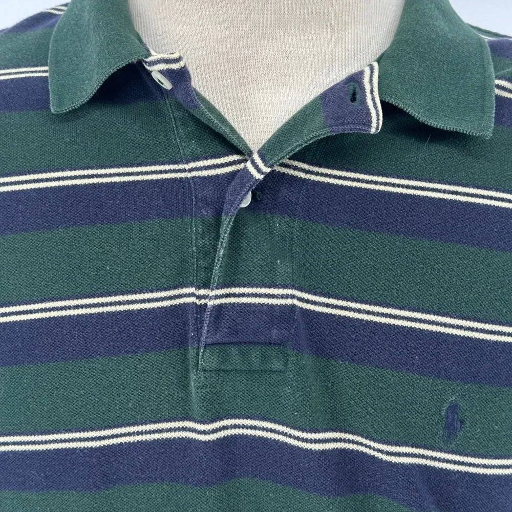 Polo Ralph Lauren XL Striped Short Sleeve Polo Shirt Green Navy Y2K Preppy Rugbt